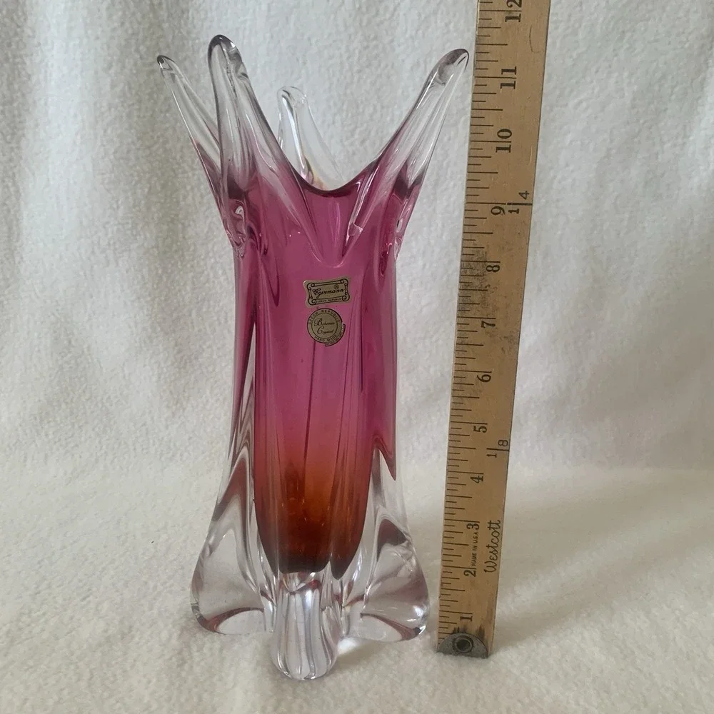 Czech Bohemian Josef Hospodka Chribska Starburst Art Glass Pink/Crystal 12